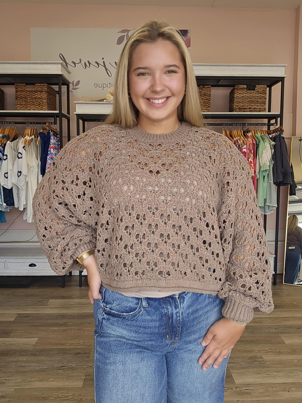 Cropped Crochet Knit Sweater