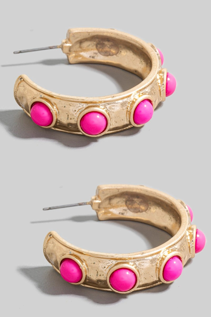 Pink Studded Gold Hoop Earrings