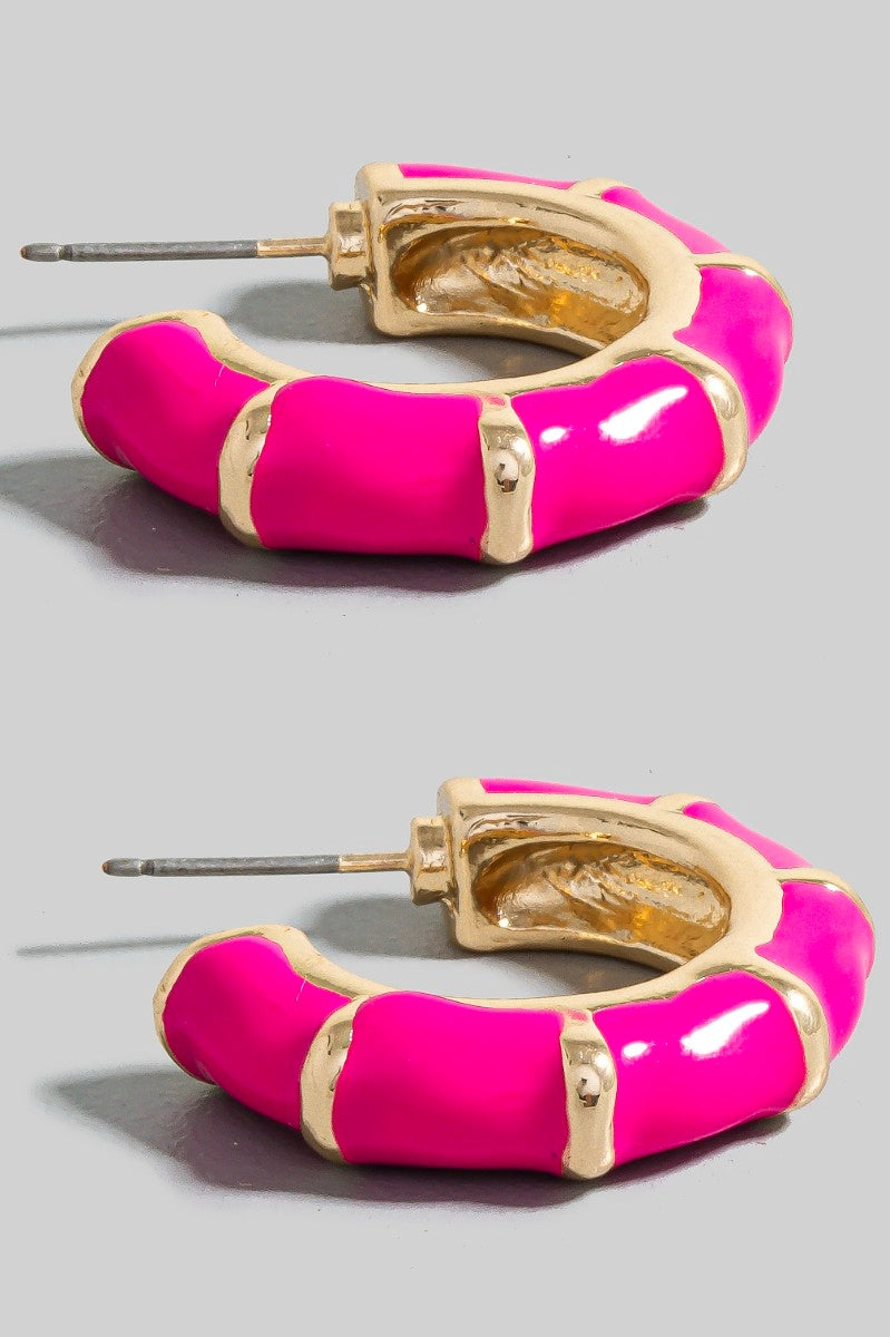 Fuschia Enamel Bamboo Hoop Earrings