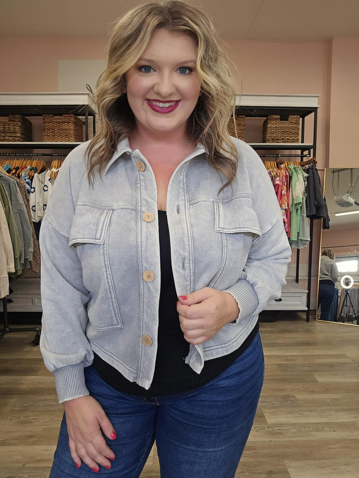 Acid Wash Fleece Front Pocket Cropped Shacket