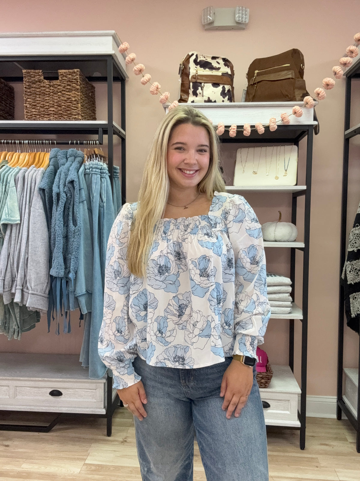 Floral Print Frilly Smocked Square Neck Blouse