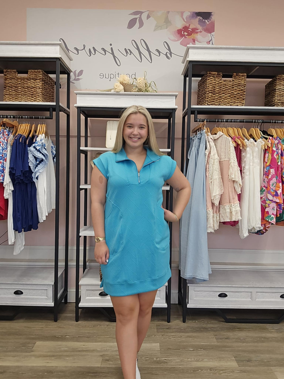 Blue Collar Zipper Pocket Loose Dress
