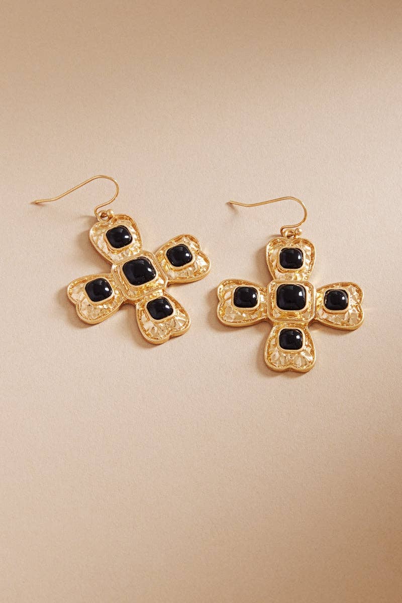 Cross with Black Pearl Post Earrings