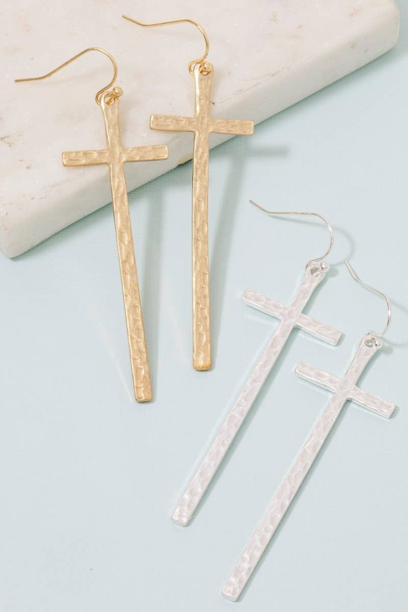 Hammered Long Cross Earrings