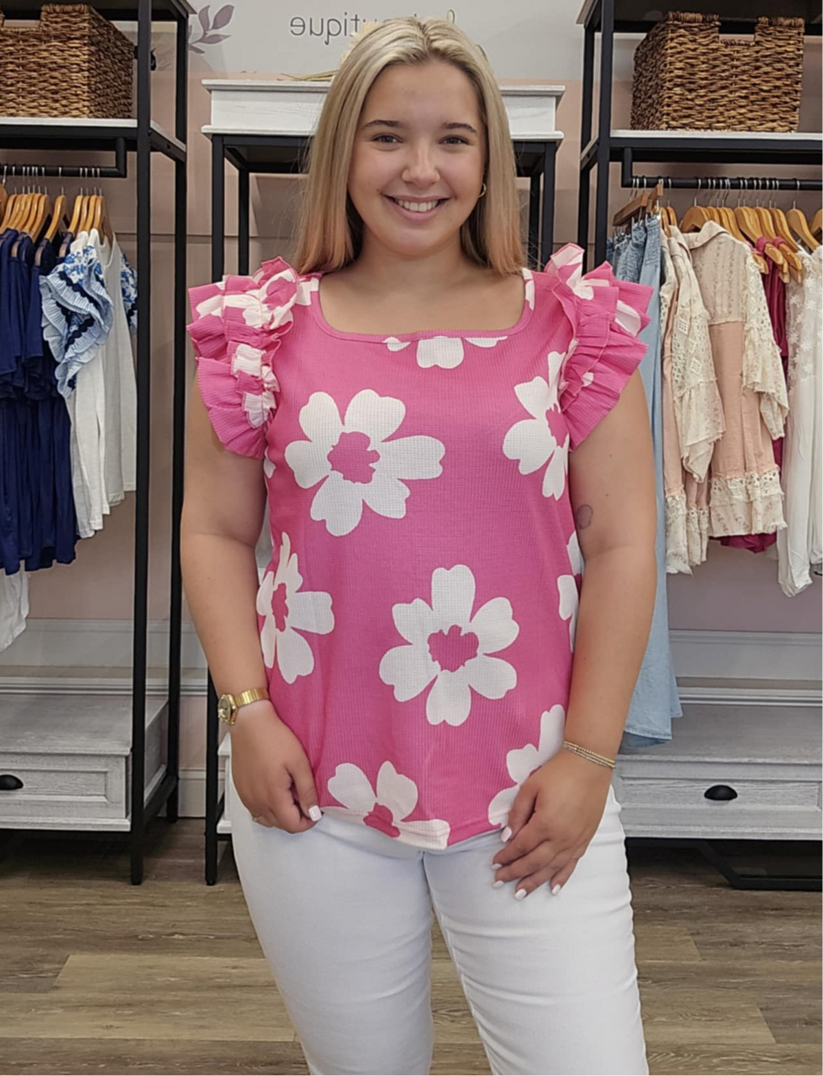 Floral Ruffled Short Sleeve Textured Blouse