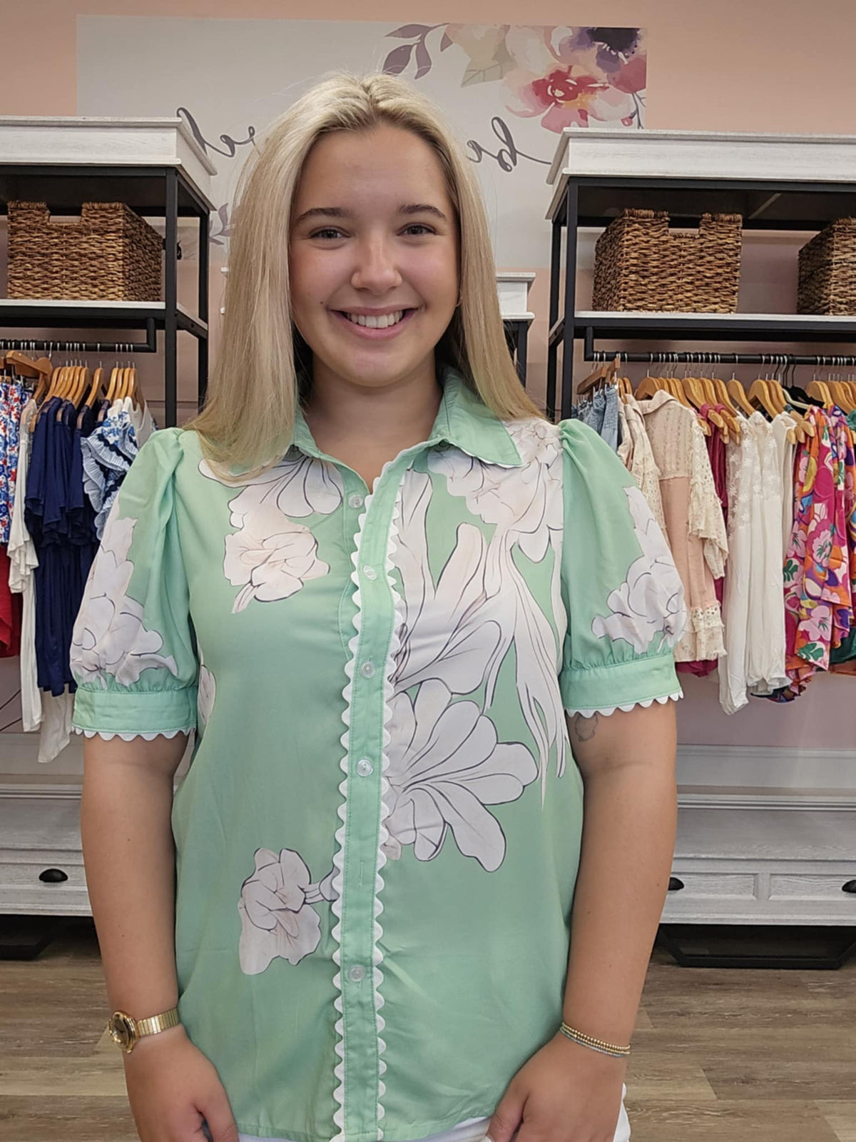 Floral Puff Sleeve Button Up Top