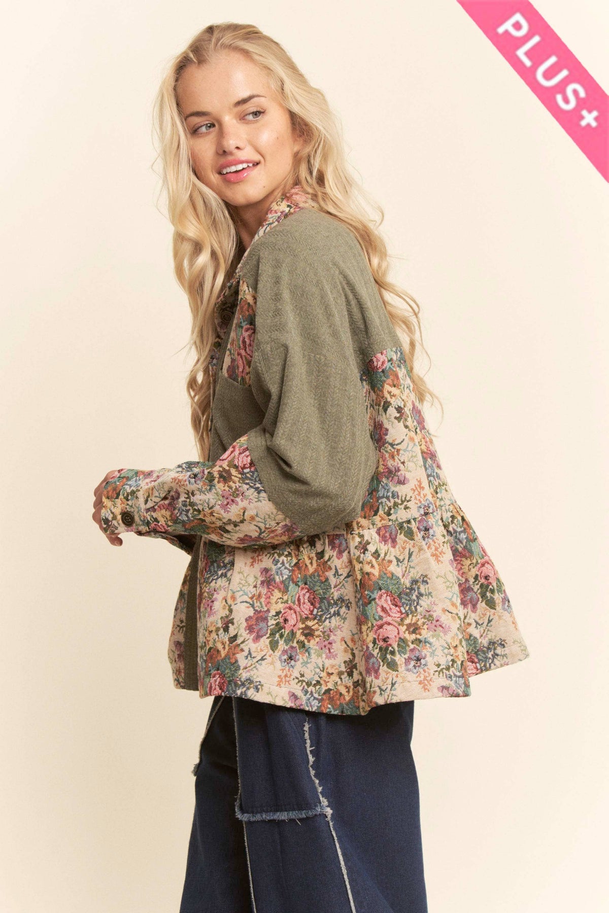 Garden Blocked Button Front Peplum Shirt