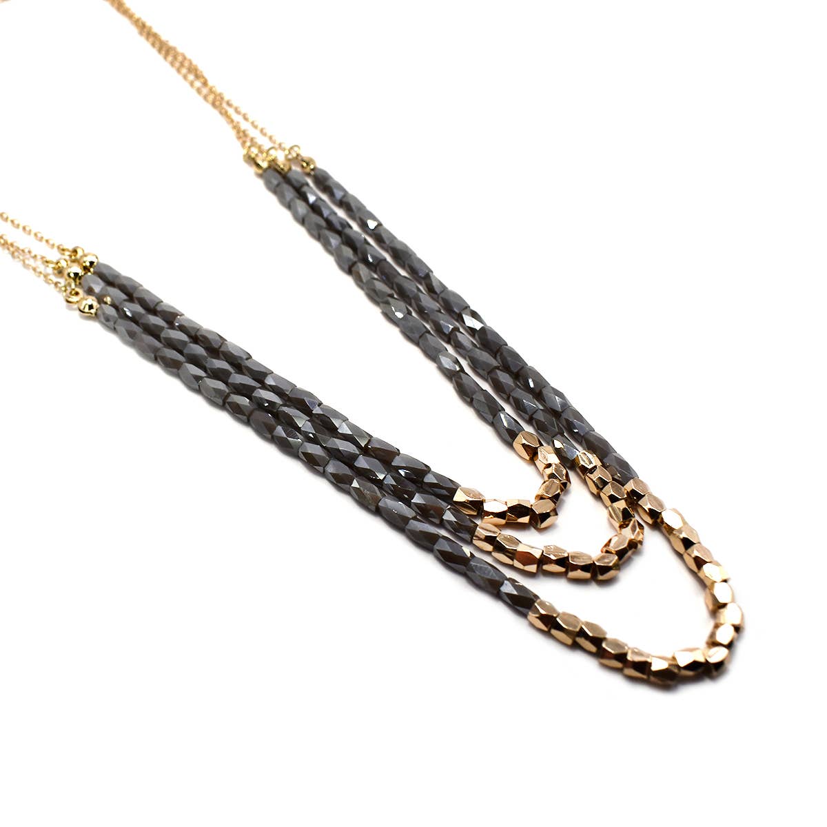 3 Row Glass Barrel & Gold Beaded Necklace