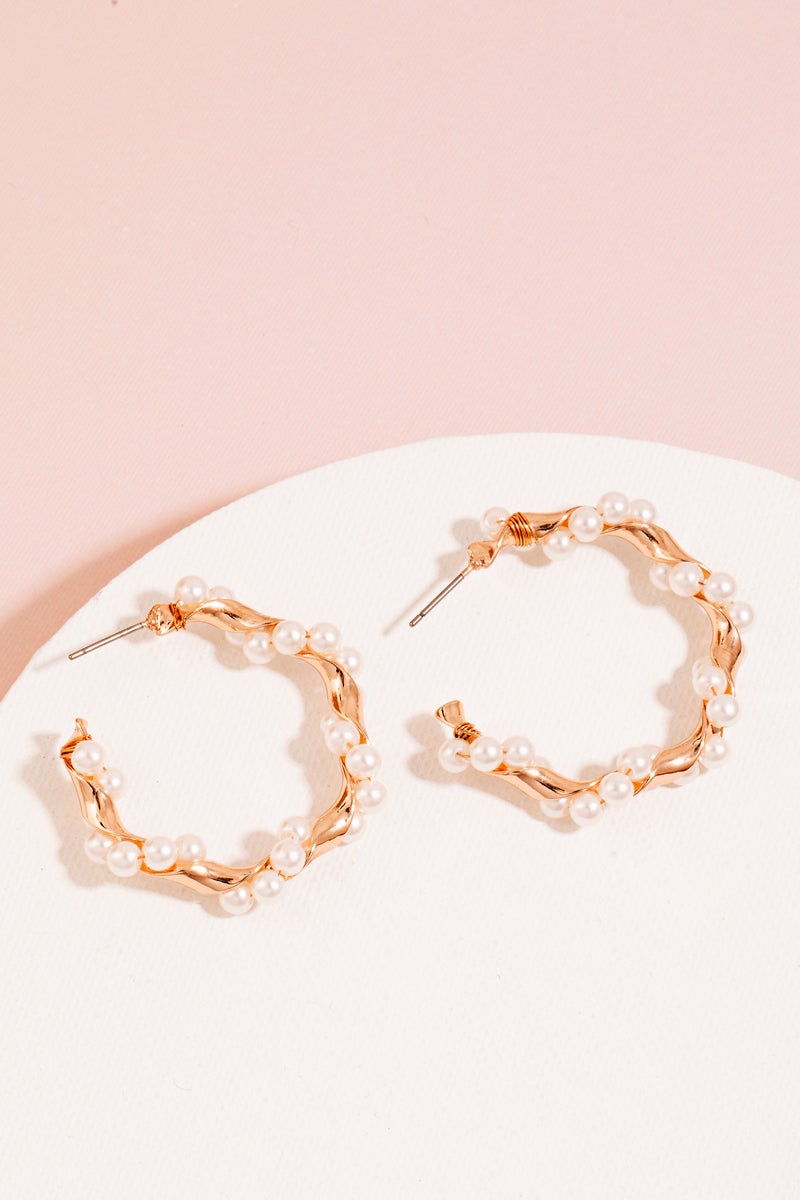 Gold Pearl Twisted Hoop Earrings