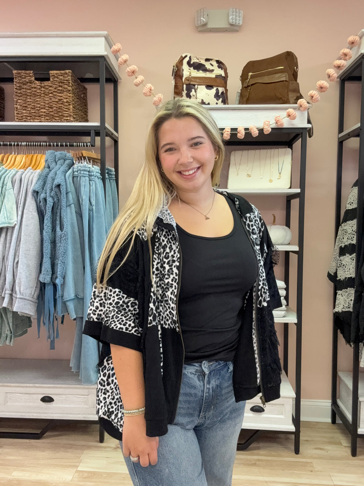 3/4 Sleeve Leopard Zip Up Hoodie Print Top