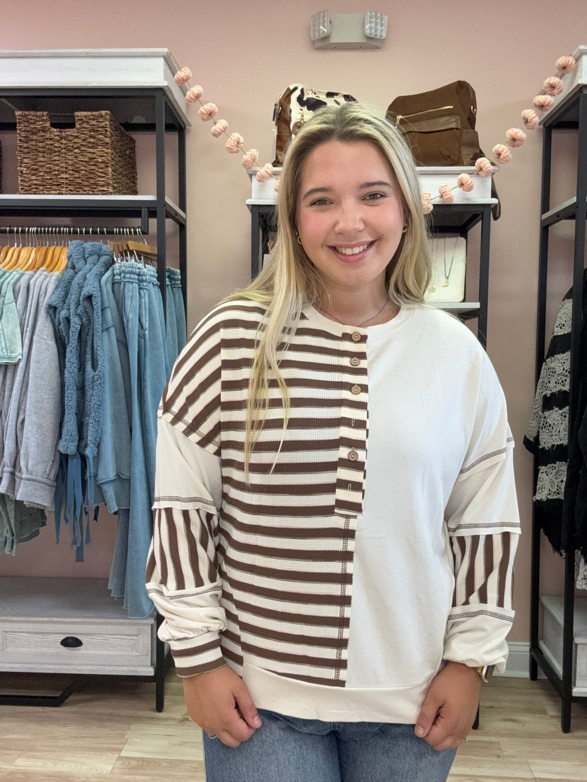 Stripe Stitch Detail Color Block Patched Oversized Top