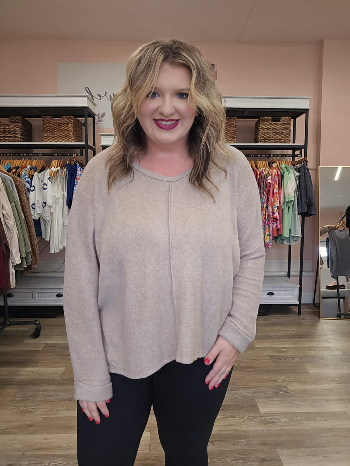 Brushed Hacci Melange V-Neck Center Seam Sweater