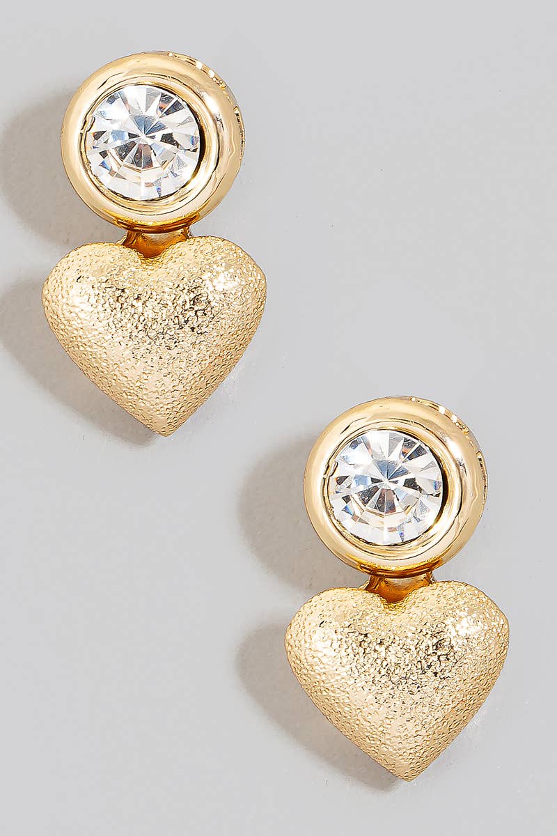 Textured Heart Dangle Rhinestone Stud Earrings