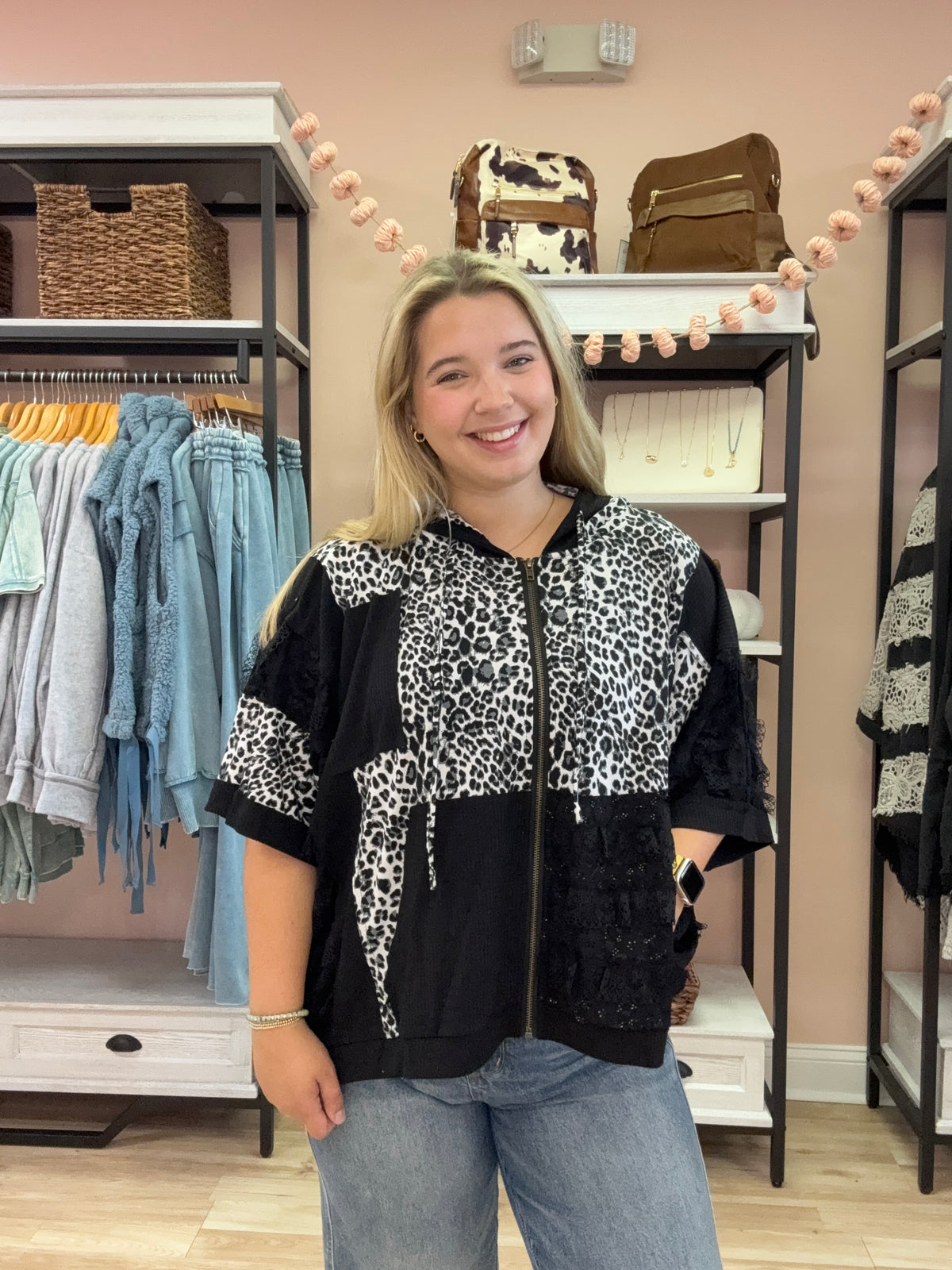 3/4 Sleeve Leopard Zip Up Hoodie Print Top