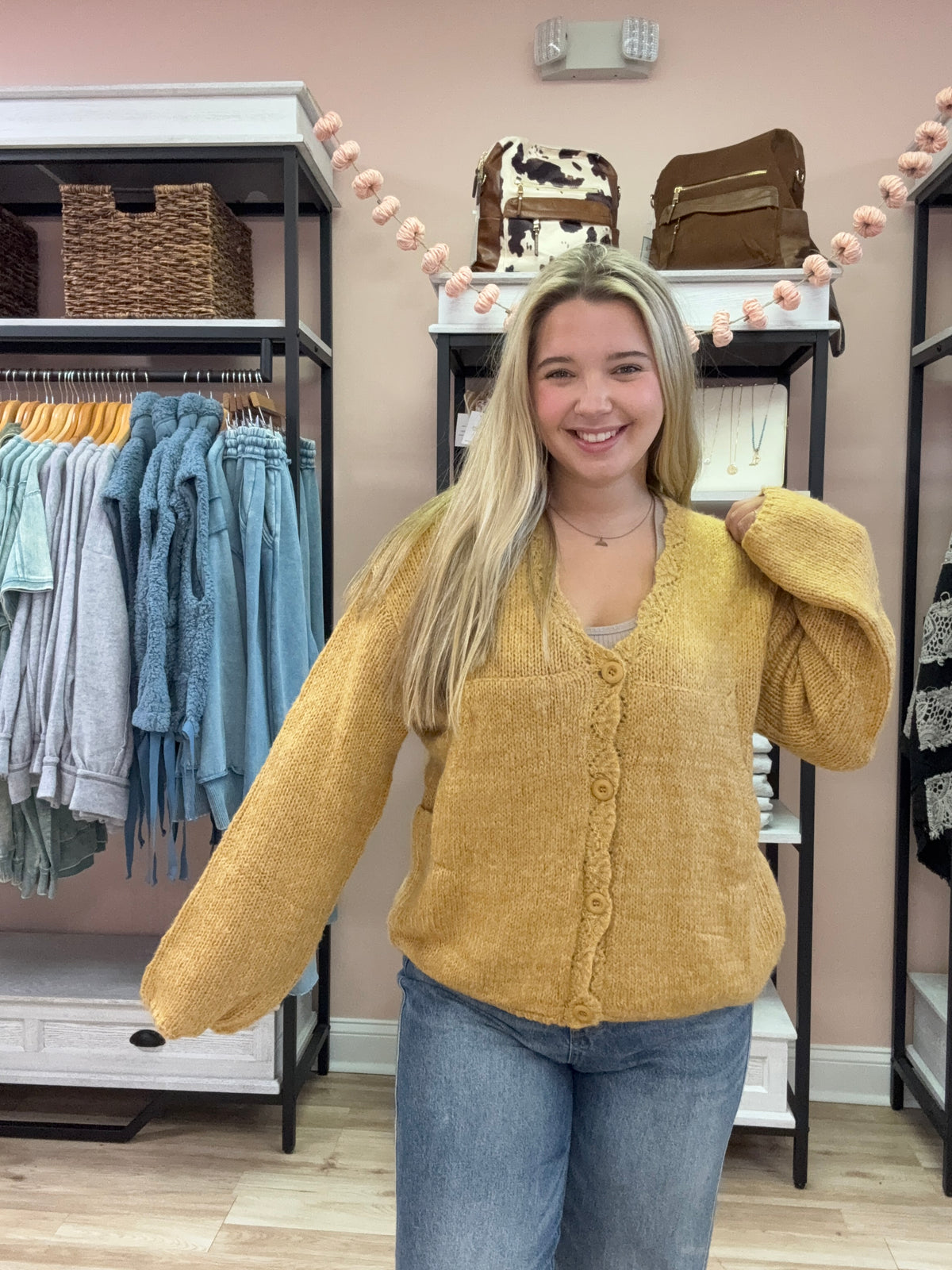 Lantern Sleeve Scallop Buttoned Front Cardigan