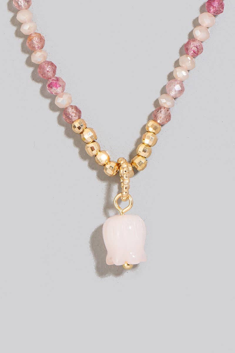 Stone Flower Pendant Mini Faceted Beaded Necklace