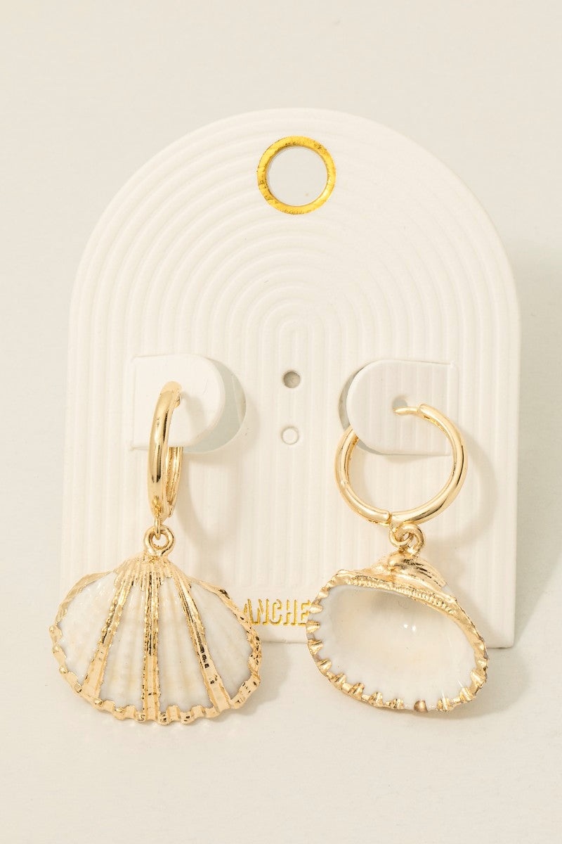 Accented Clam Shell Charm Hoop Earrings