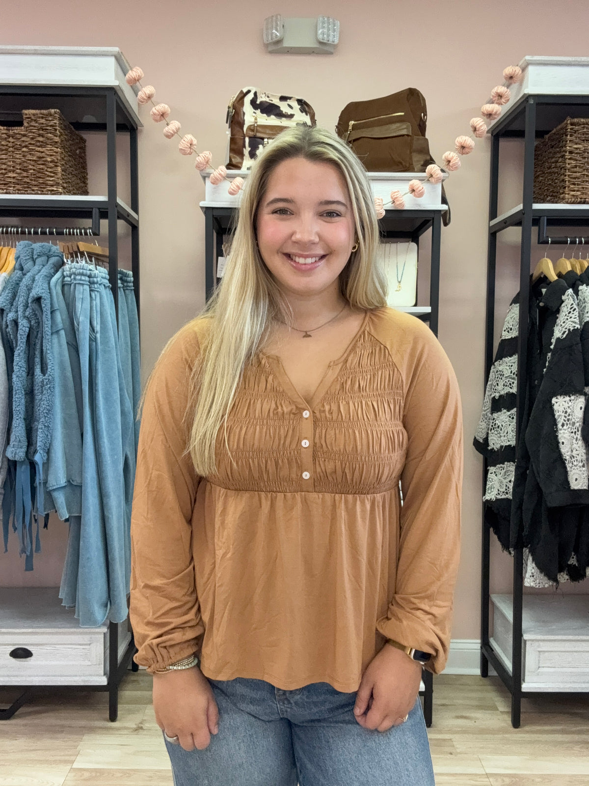 Smocked Bust Buttoned Split V Neck Flow Fit Blouse