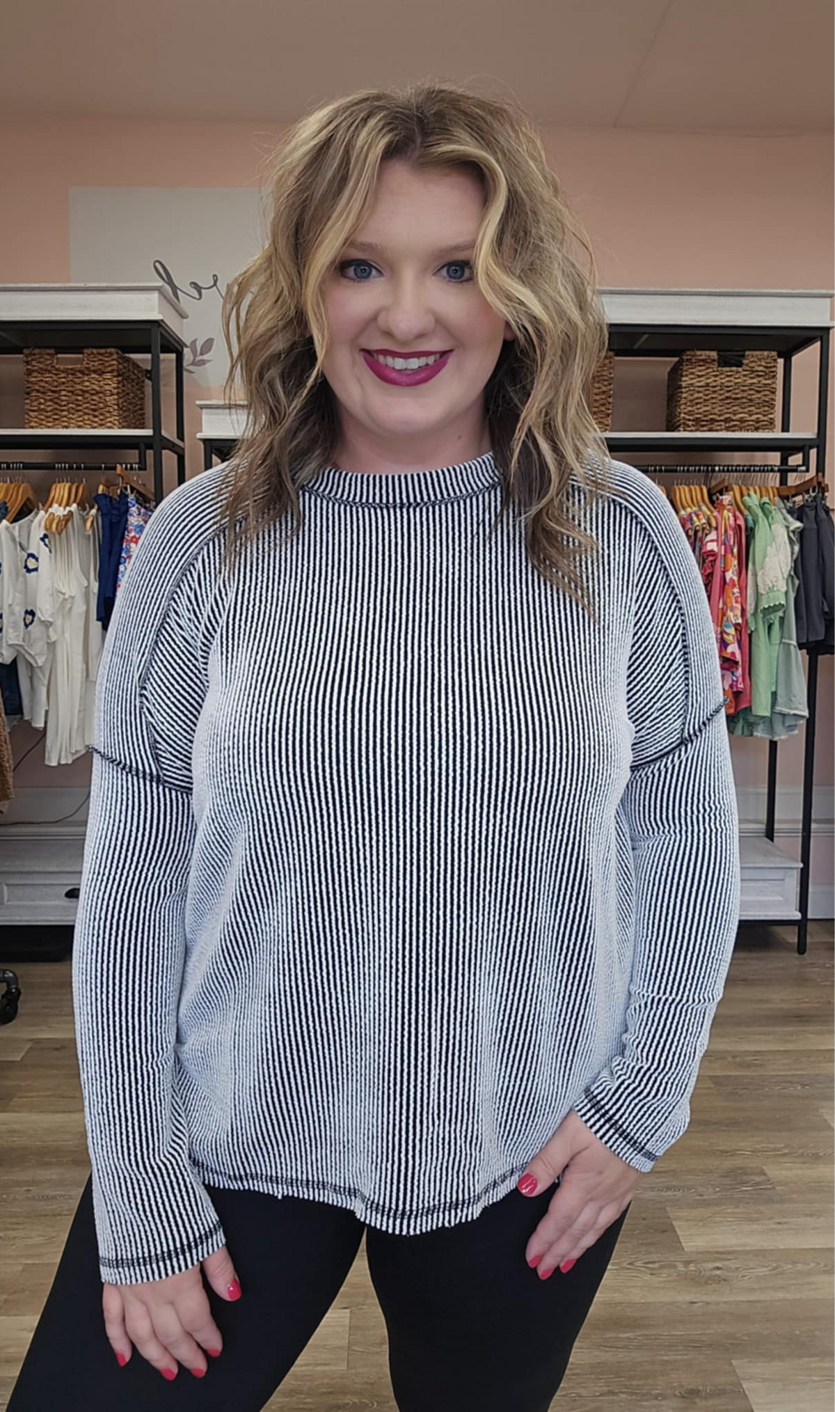 Raised Ribbed Boat Neck Long Sleeve Top