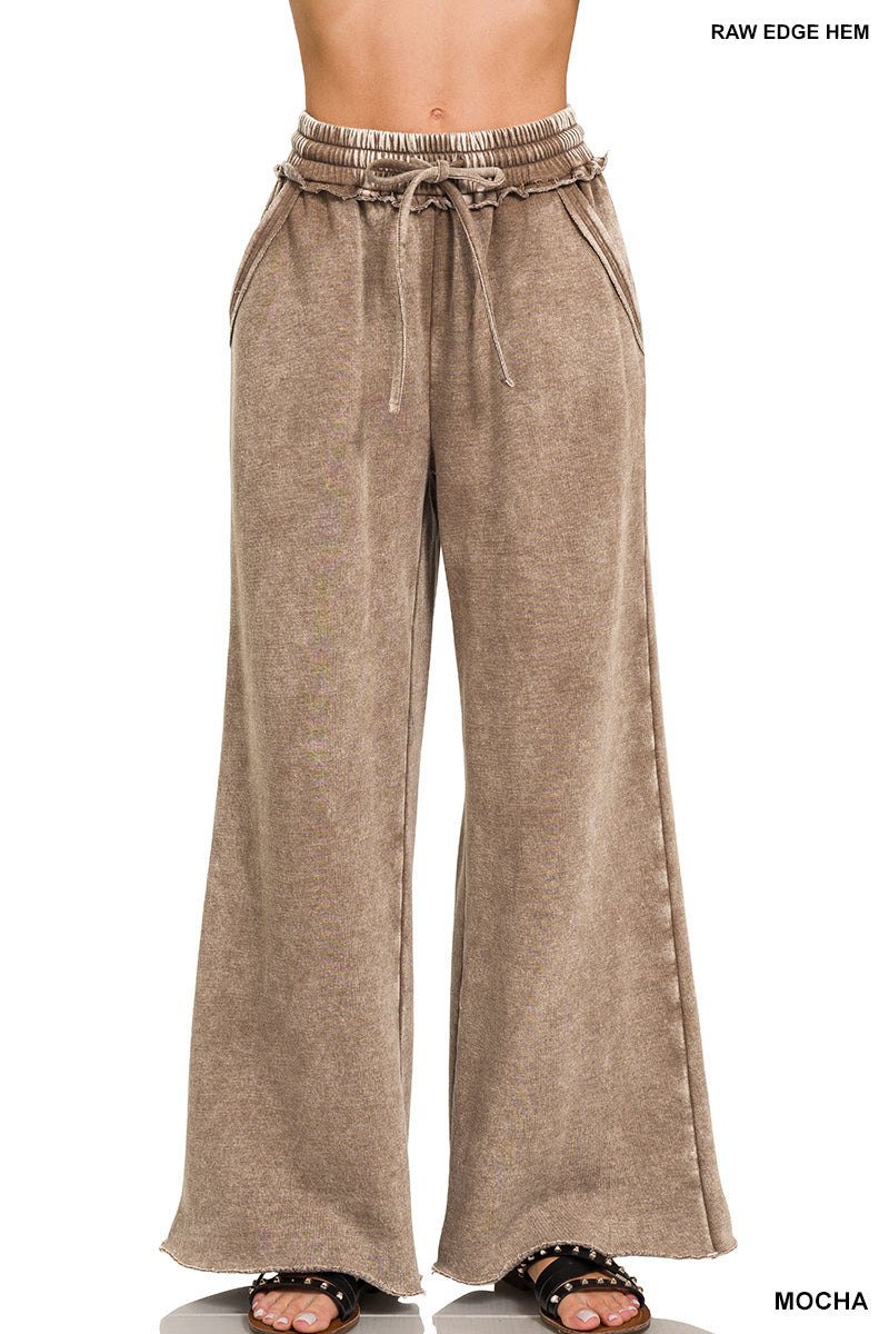 Acid Wash Fleece Palazzo Sweatpants with Pockets