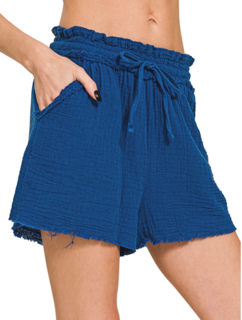 Double Gauze Raw Hem Drawstring Shorts | Navy