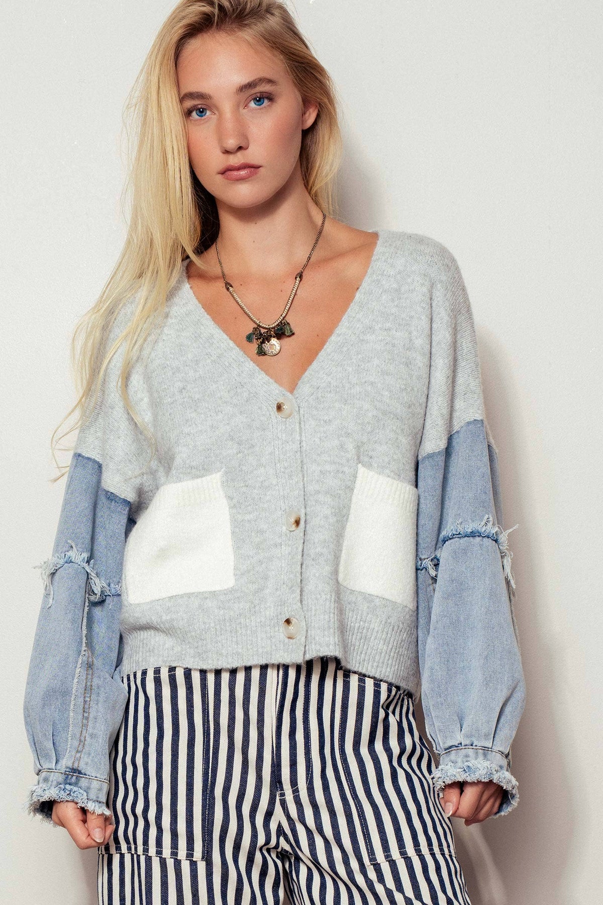 Denim Sleeve Knit Cardigan