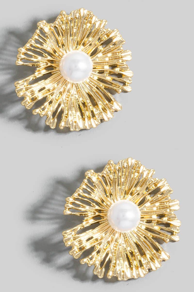 Pearl Set Metallic Flower Shield Stud Earrings