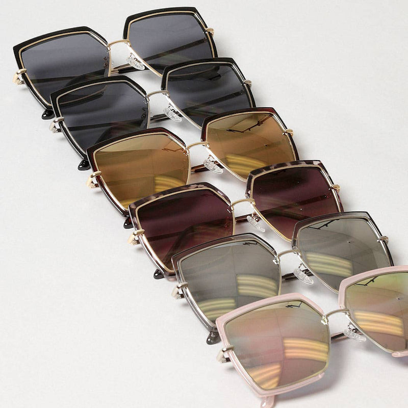 Set of sunglasses with different colored lenses arranged in a circular pattern on a light gray background.
