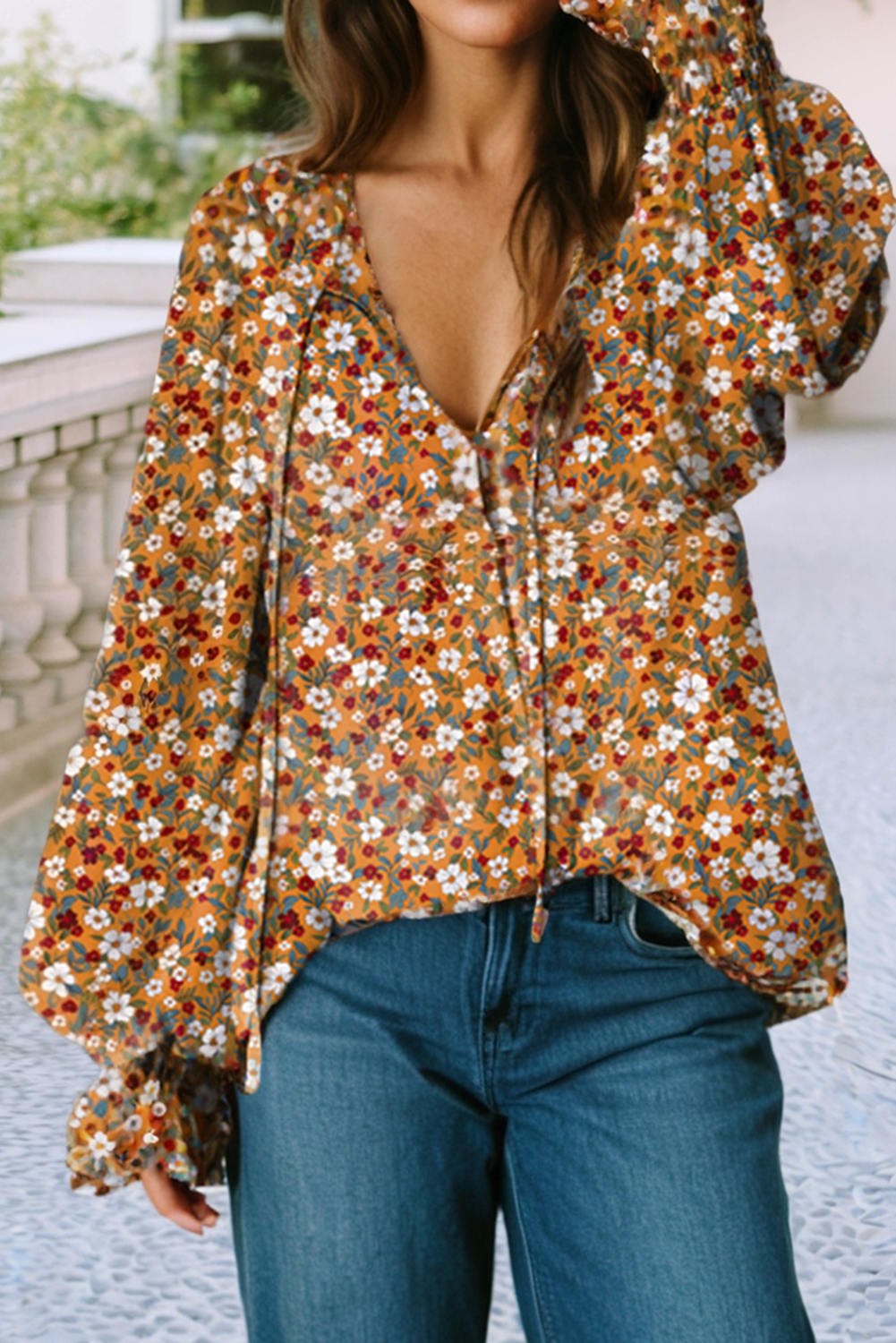 Boho Floral Ruffled Bubble Sleeve V Neck Blouse