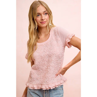 Textured Flower Ruffled Sleeve Top