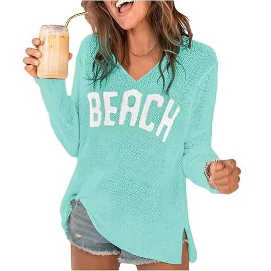 "Beach" V-Neck Hollow Knit Top
