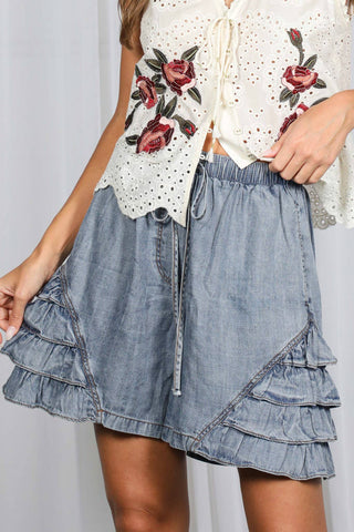 Ruffle Chambray Denim Shorts