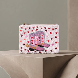 Cowboy Boots & Hearts Beaded Coin Pouch