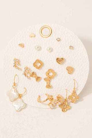 Pearl Clover Heart & Bows Mixed Stud Earrings Set