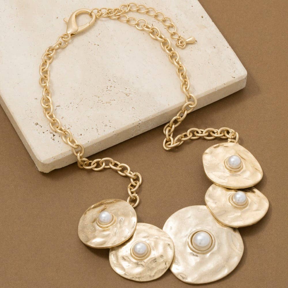 Chunky Hammered Disc With Pearl Statement Necklace