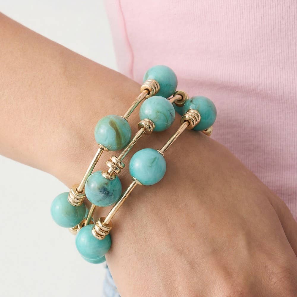 Marble Resin And Bar Elastic Bracelet Set