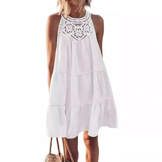 Halter Neck Lace Trim Tiered Dress