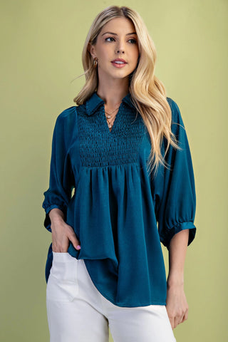 Satin V-Neck Blouse with Smocked Yoke