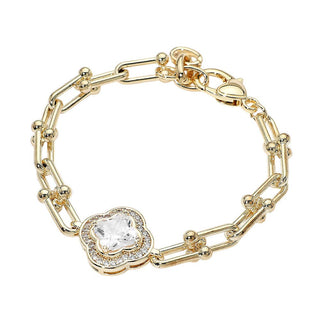 Quatrefoil CZ Charm Accent Industrial Link Bracelet
