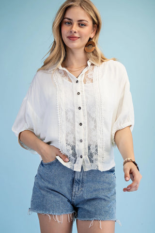 Crinkle Satin Lace Panel Button-Up Blouse