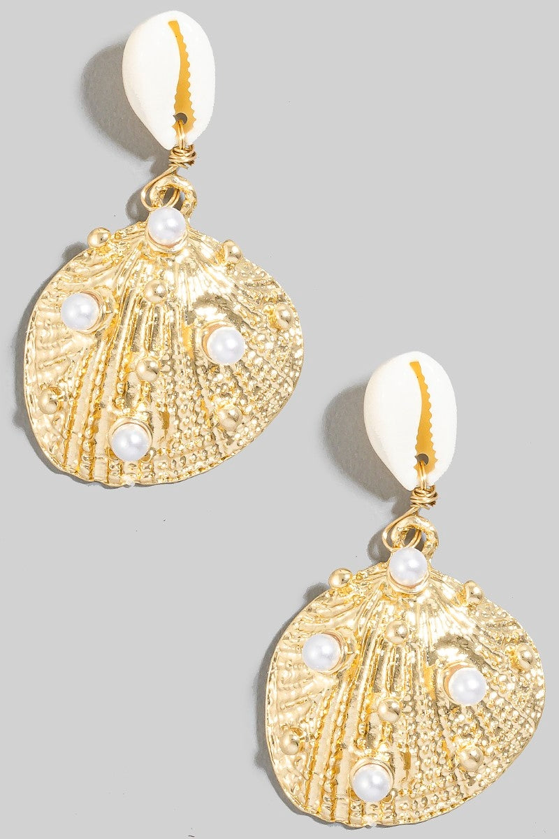 Puka Shell Studded Clam Dangle Earrings