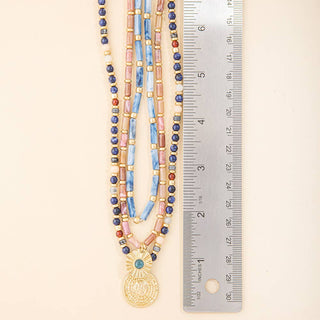 Layered Semi Precious Bead Sunburst Medallion Necklace