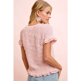 Textured Flower Ruffled Sleeve Top