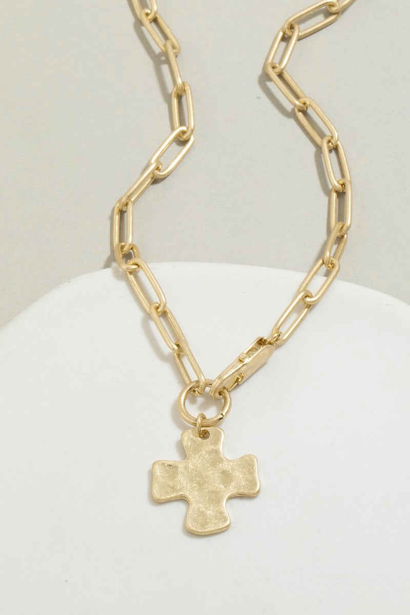 Hammered Cross  Pendant Paperclip Chain Necklace