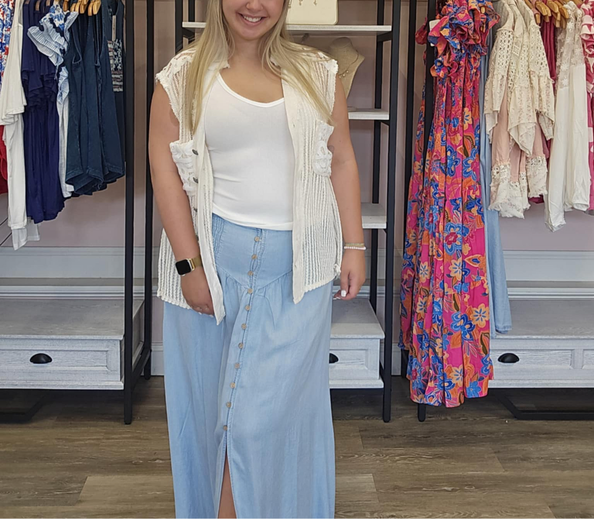 Woven Denim Maxi Skirt
