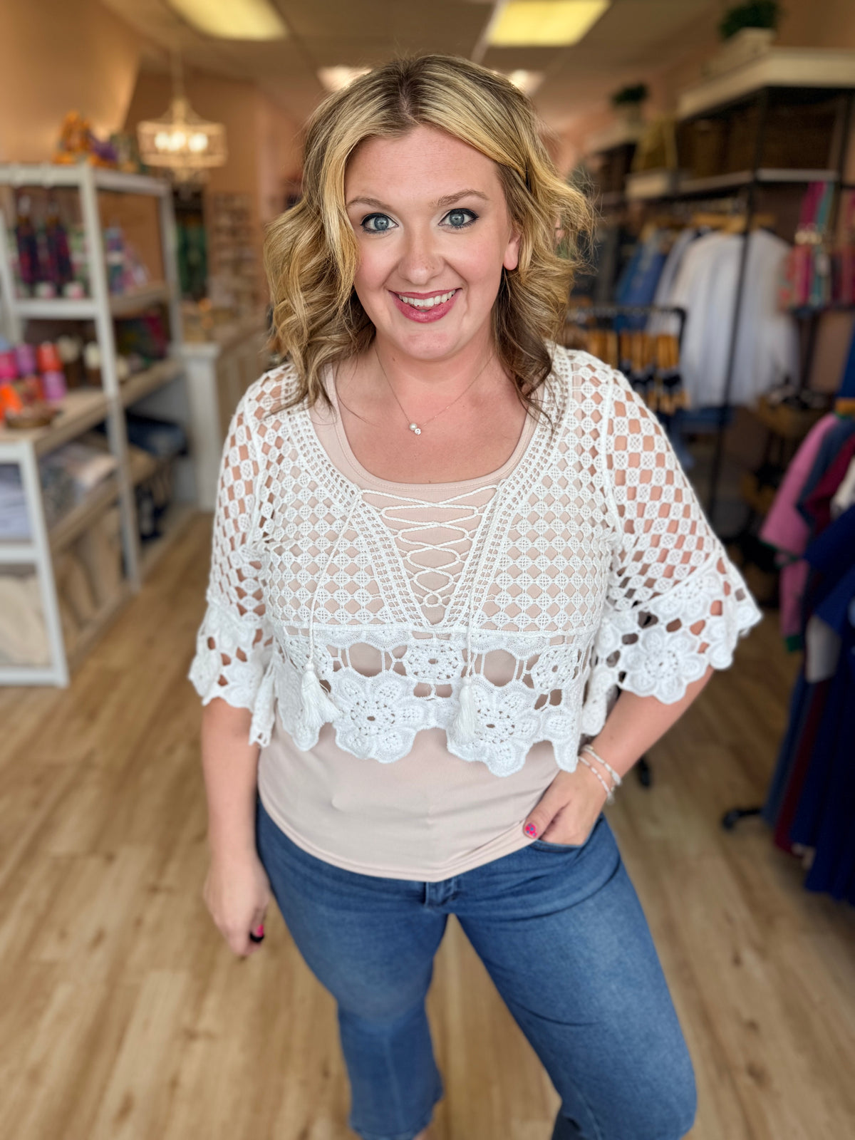 Crochet Lace Bell Sleeve Blouse