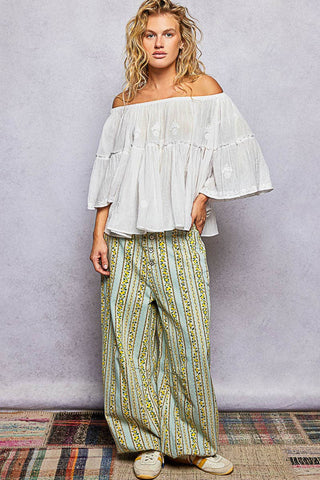 Off Shoulder Bell Sleeves Floral Embroidery Top