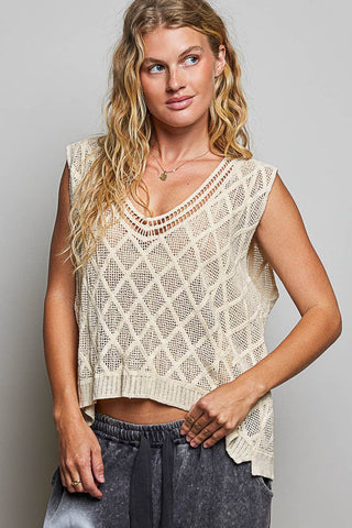 V-neck Diamond Weave Crochet Sleeveless Knit Top