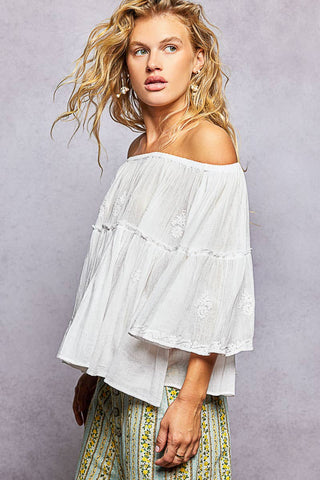 Off Shoulder Bell Sleeves Floral Embroidery Top