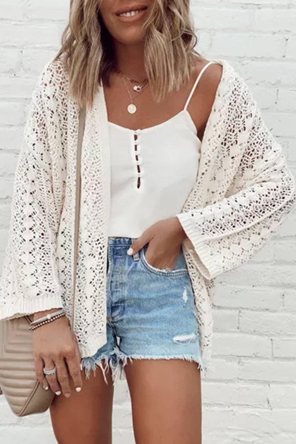 Hollow Out Knit Drop Shoulder Cardigan